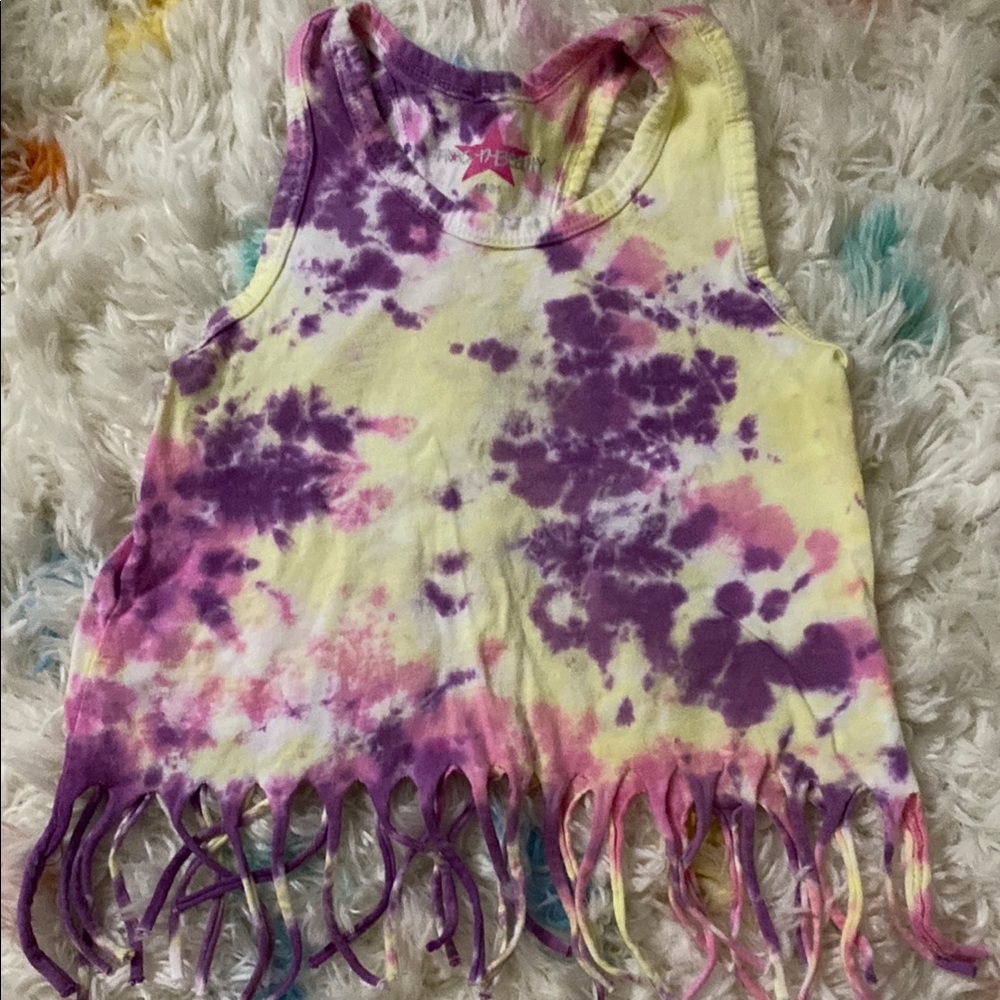 Purple and Yellow Tie-Dye Fringe Tank Top